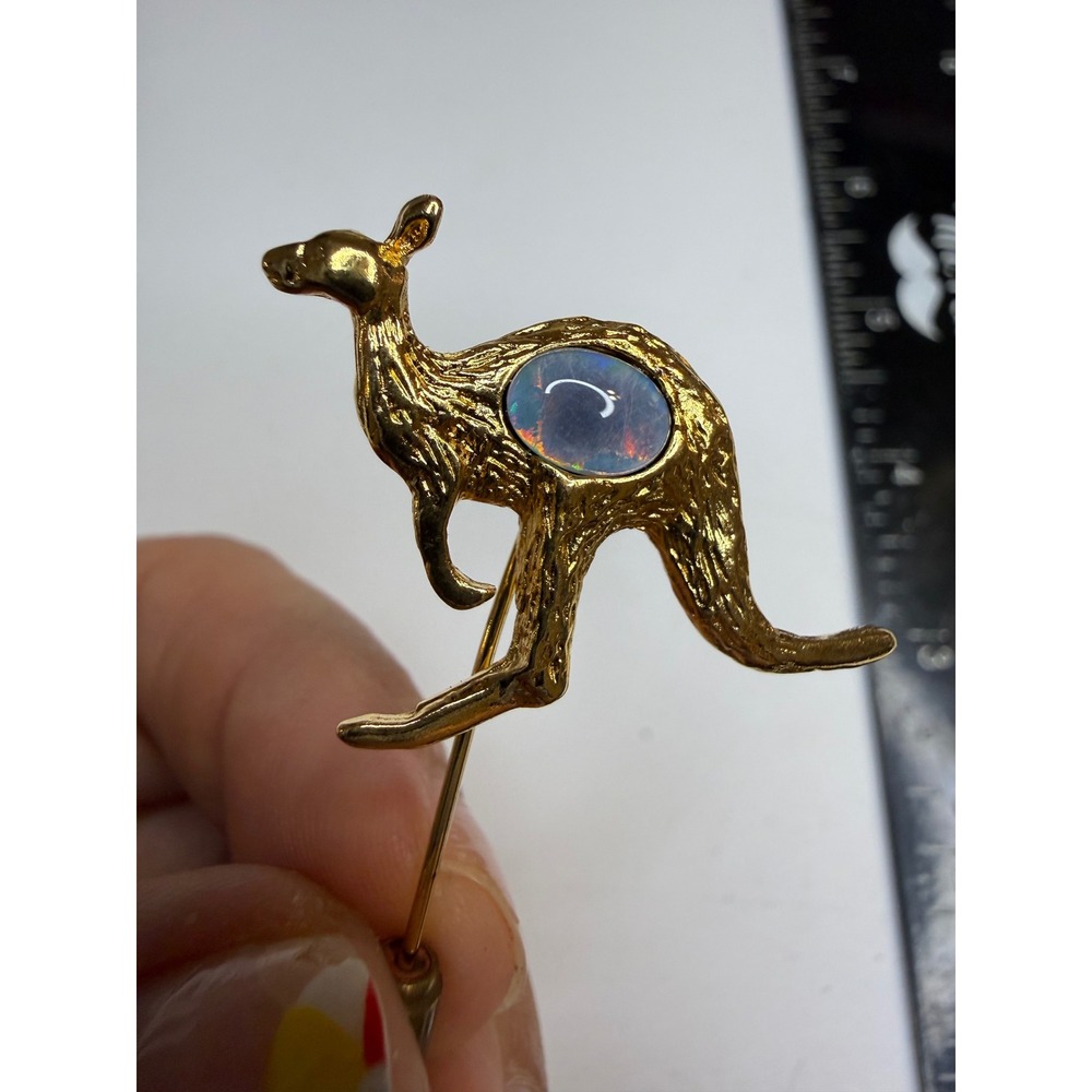 Gold Tone Kangaroo Stick Pin with Opal Cabochon Animal Lapel Pin Accessory